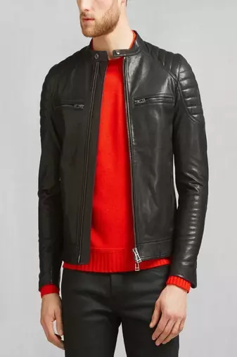 men’s black leather jacket-quilted shoulder & zipper style