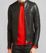 men’s black leather jacket-quilted shoulder & zipper style