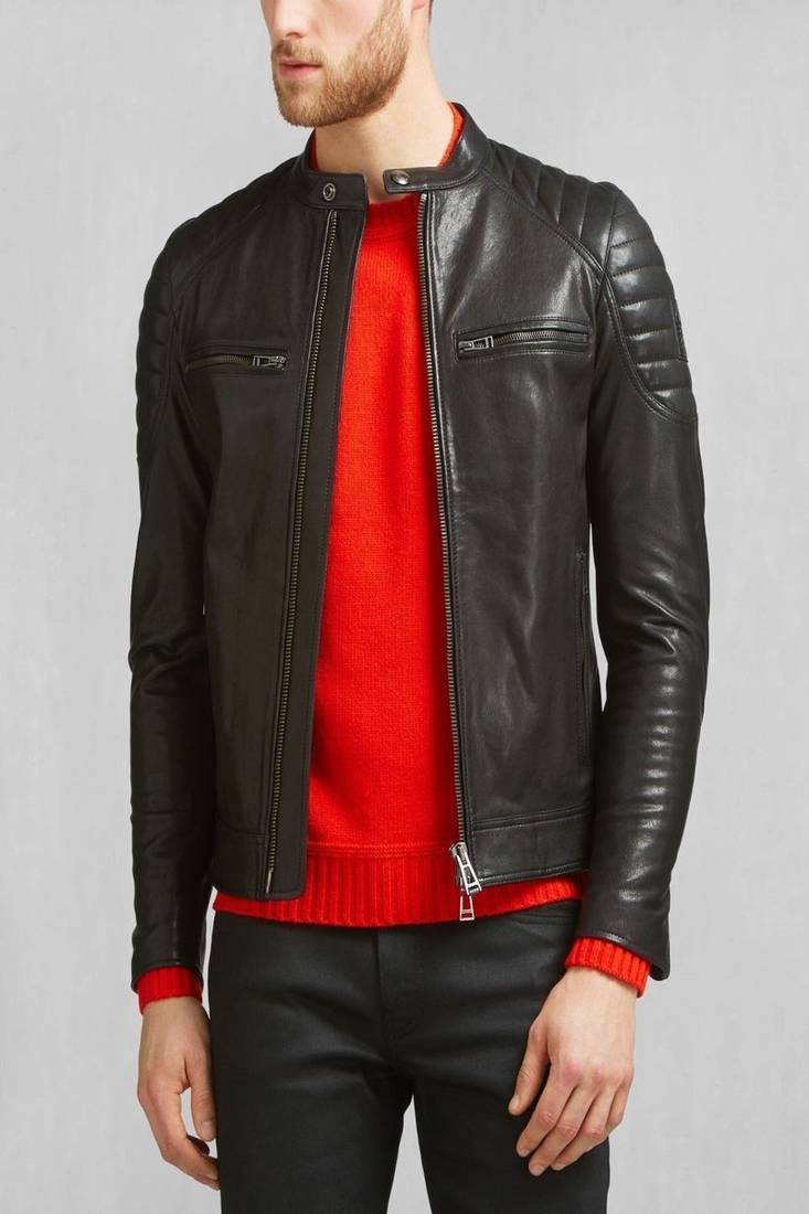 men’s black leather jacket-quilted shoulder & zipper style