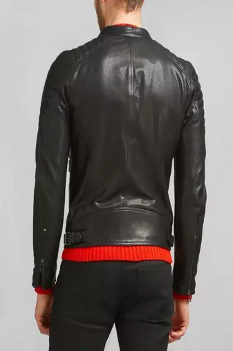 men's black premium lambskin leather jacket quilted shoulder detailing