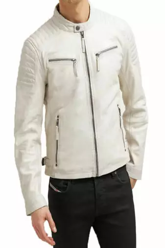 Men’s white lmbskin leather jacket – iconic zipper  biker style with quilted design