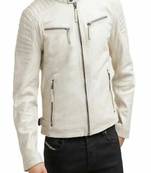 Men’s white lmbskin leather jacket – iconic zipper  biker style with quilted design
