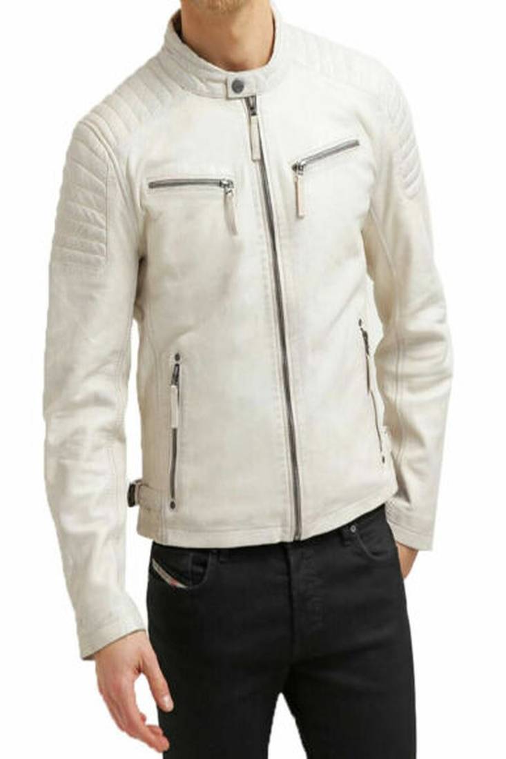 Men’s white lmbskin leather jacket – iconic zipper  biker style with quilted design
