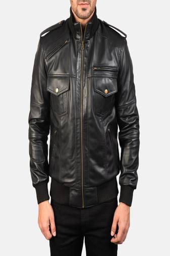 Men’s black lambskin leather jacket – moto bomber front zip closure style
