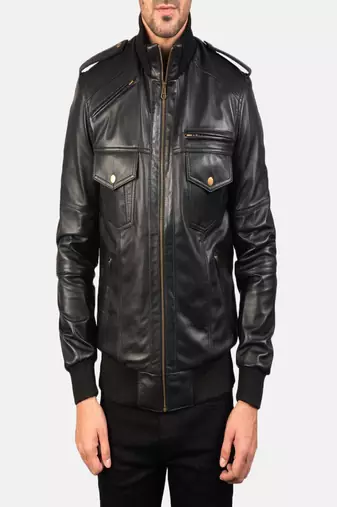 Men’s black lambskin leather jacket – moto bomber front zip closure style