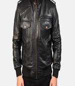 Men’s black lambskin leather jacket – moto bomber front zip closure style