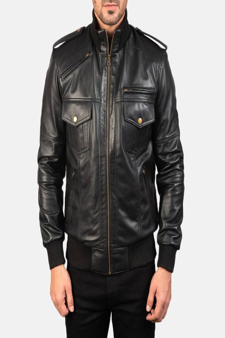 Men’s black lambskin leather jacket – moto bomber front zip closure style