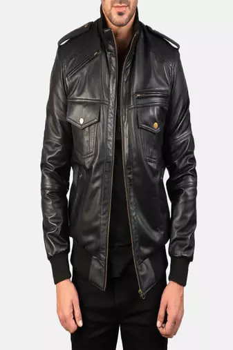 men's black lambskin leather bomber jacket classic zip front style