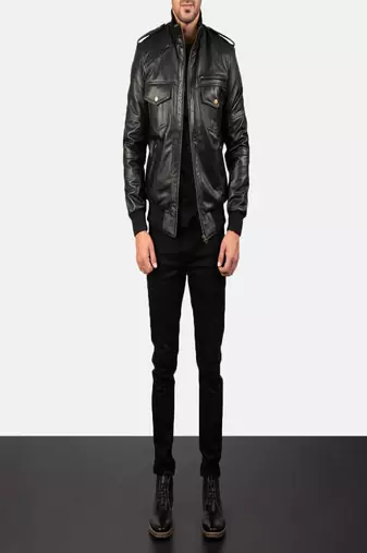 men's black lambskin leather bomber jacket classic zip front style