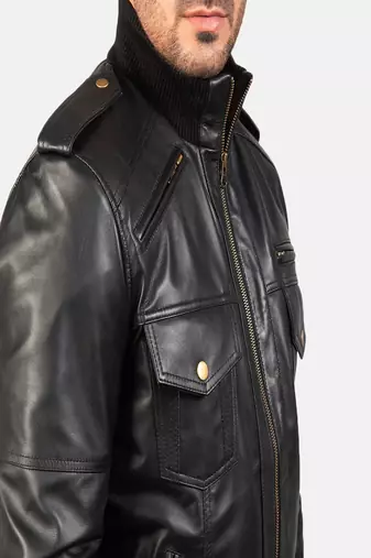men's black lambskin leather bomber jacket classic zip front style