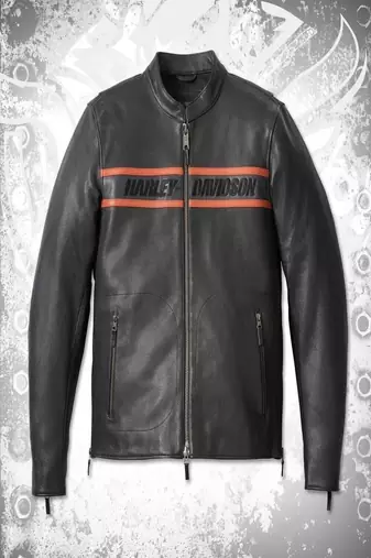 men’s black leather jacket –2strip red harley davidson style straight chain