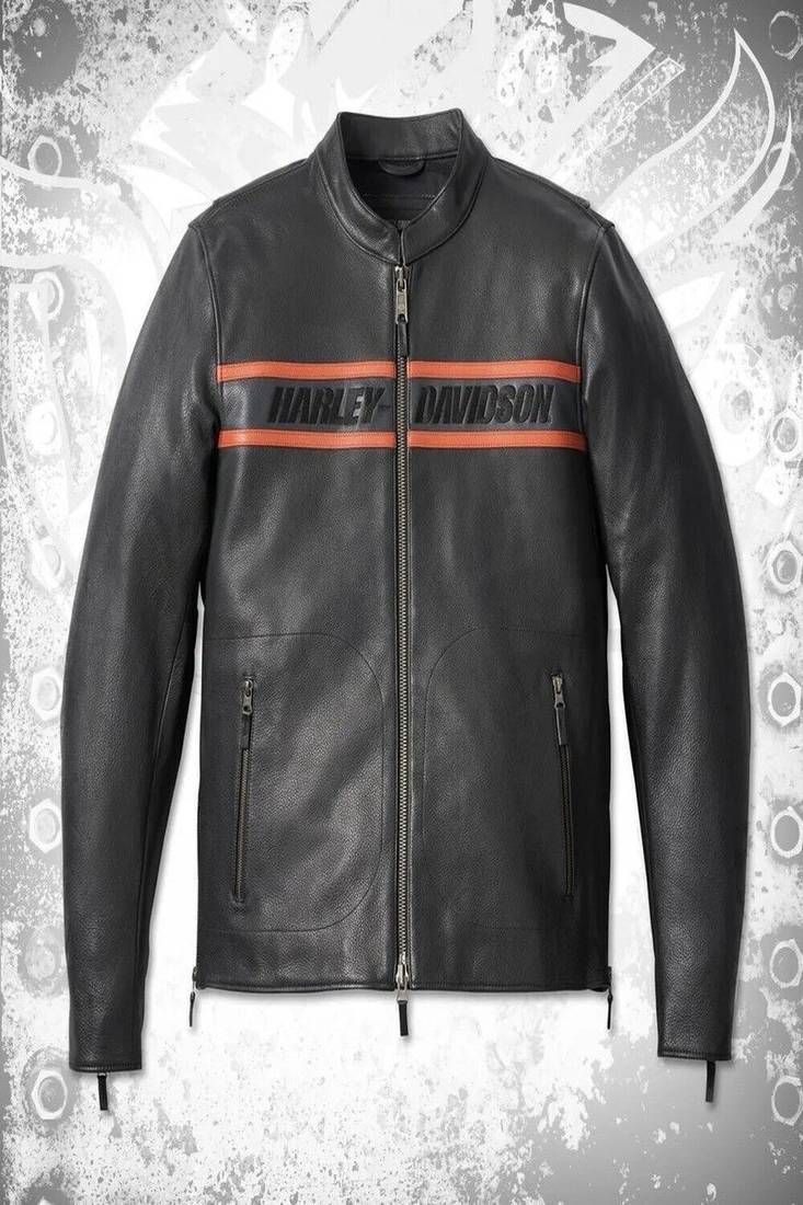 men’s black leather jacket –2strip red harley davidson style straight chain