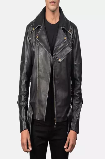 men’s vincent black leather biker jacket-  white contrast stitching style