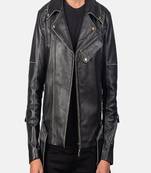 men’s vincent black leather biker jacket-  white contrast stitching style