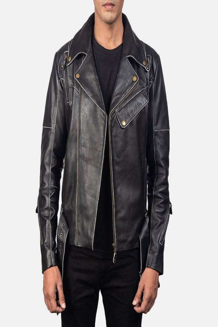 men’s vincent black leather biker jacket-  white contrast stitching style
