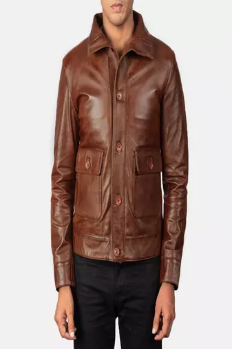 Men’s brown leather biker jacket – button & 2 pocket style