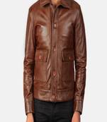 Men’s brown leather biker jacket – button & 2 pocket style