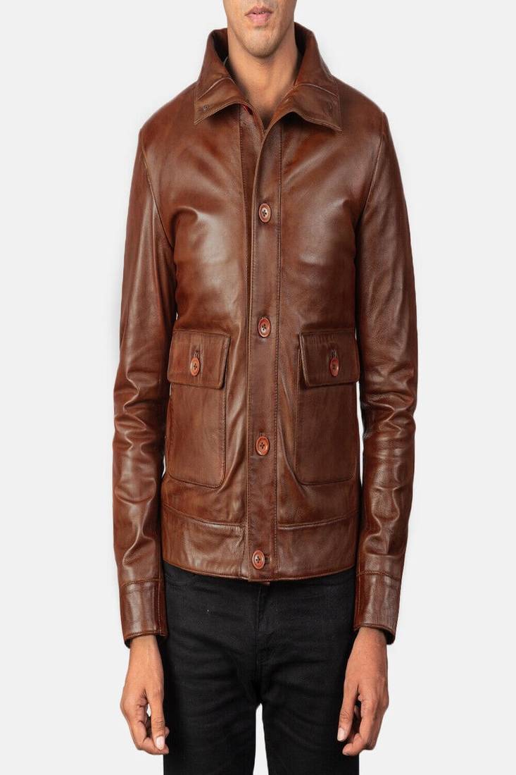 Men’s brown leather biker jacket – button & 2 pocket style