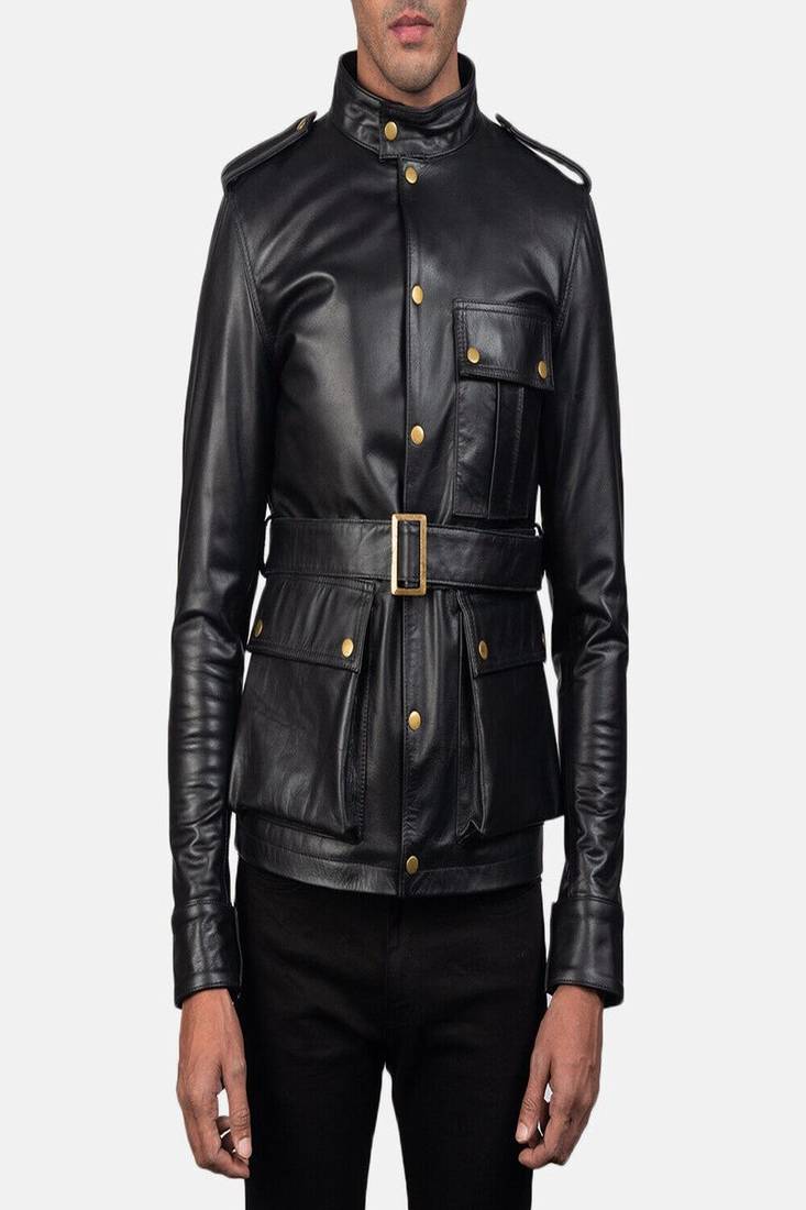 men’s black shining leather jacket –2 envelope style pocket