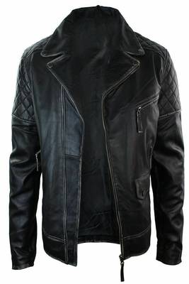 men's black premium lambskin leather jacket quilted shoulder detailing premium 1