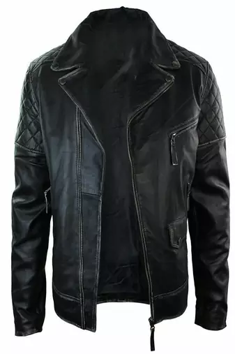 Mens black lamskin leather jacket -quilted shoulder & cross zipper style
