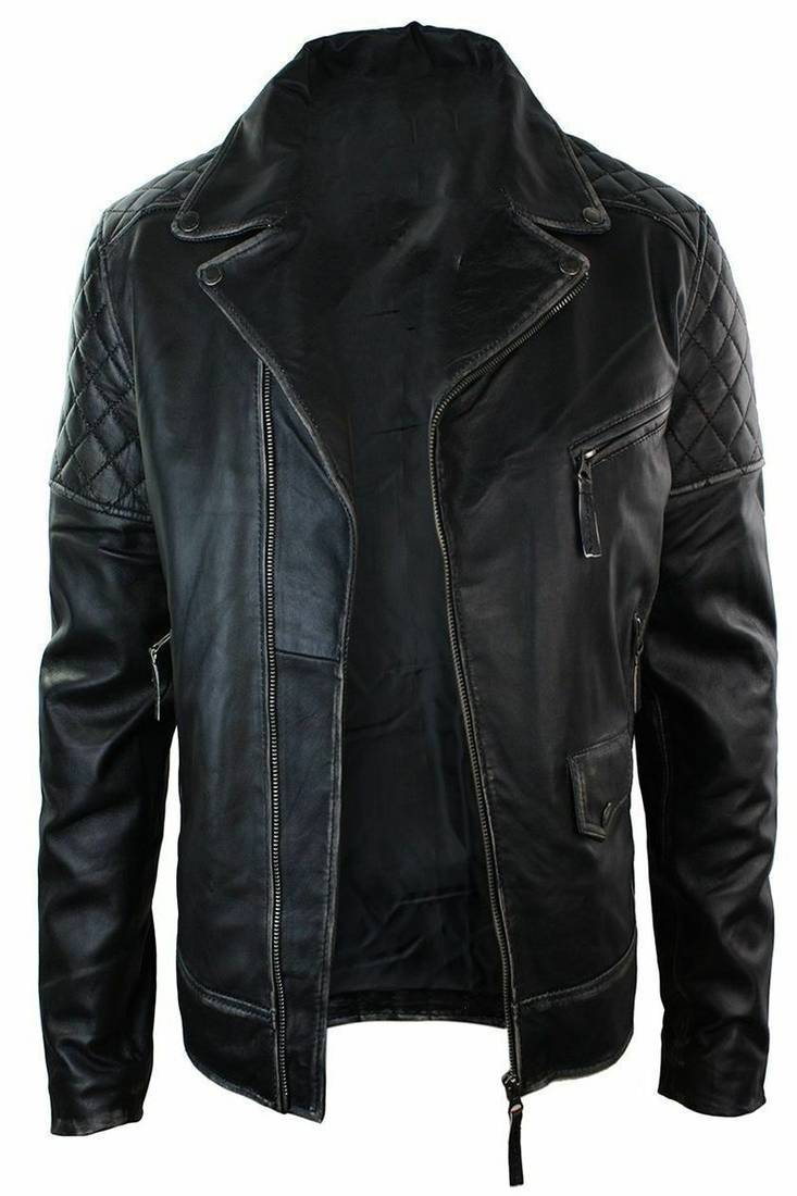 Mens black lamskin leather jacket -quilted shoulder & cross zipper style