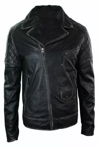men's black premium lambskin leather jacket quilted shoulder detailing premium