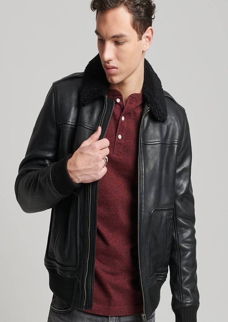 Men's black lambskin leather jacket - soft collar 2 pocket style