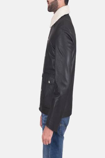 men's black lambskin leather jacket snap button front closure