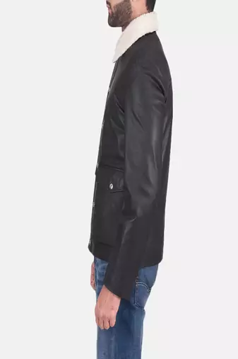 men's black lambskin leather jacket snap button front closure