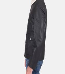 Men’s black  genuine leather jacket – feather coller & snap button style