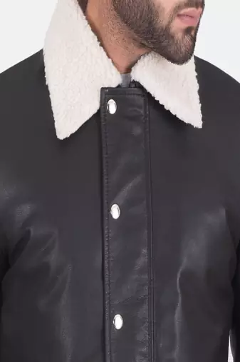 Men’s black  genuine leather jacket – feather coller & snap button style