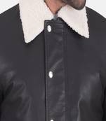 Men’s black  genuine leather jacket – feather coller & snap button style