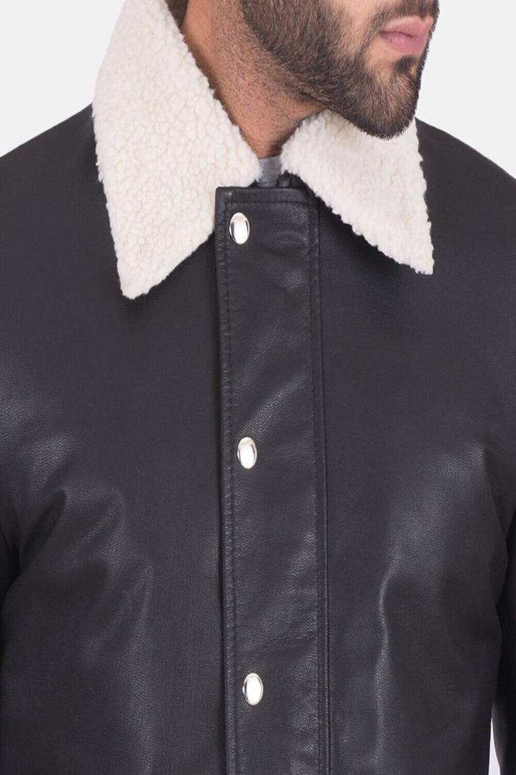 Men’s black  genuine leather jacket – feather coller & snap button style