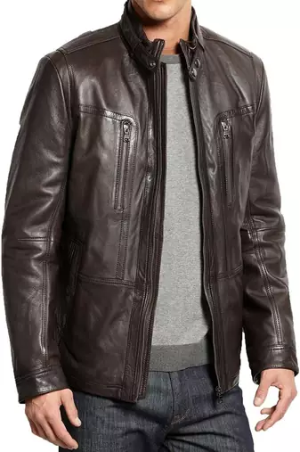 Men’s dark brown lambskin leather motorcycle jacket – classic moto biker 2 pocket style