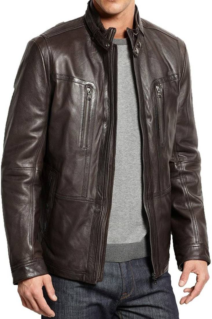 Men’s dark brown lambskin leather motorcycle jacket – classic moto biker 2 pocket style