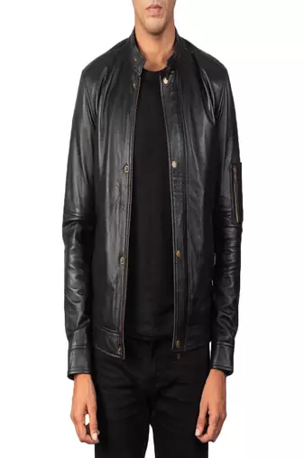 Men’s black lambskin genuine leather jacket-snap button & hand pocket style