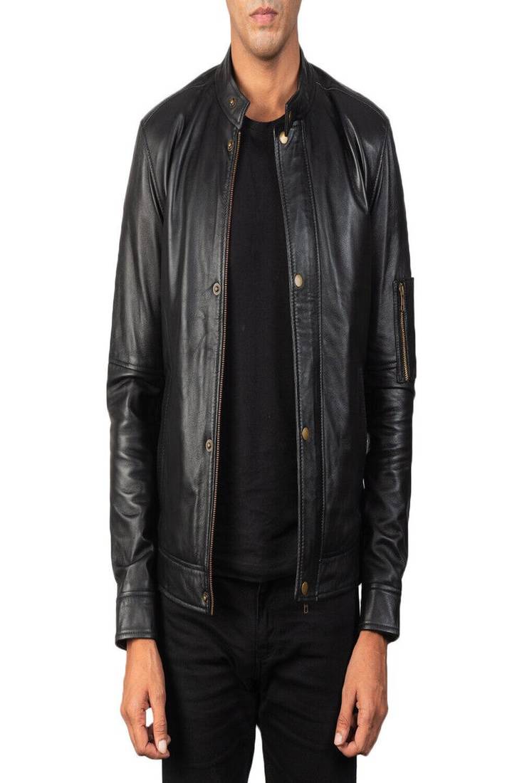 Men’s black lambskin genuine leather jacket-snap button & hand pocket style