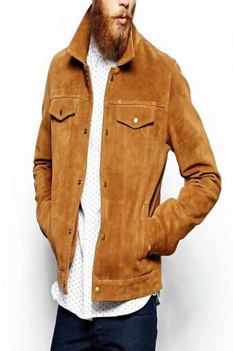 men's brown suede leather jacket snap button front closure