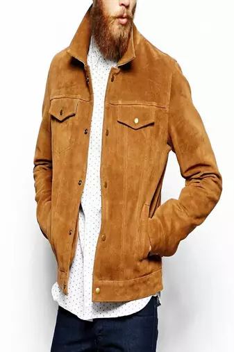 Men’s brown tan suede lambskin leather jacket –snap button  design