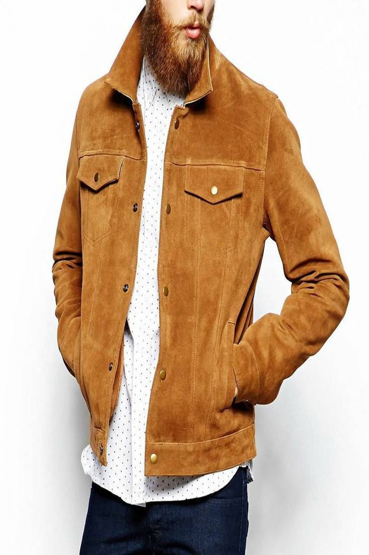 Men’s brown tan suede lambskin leather jacket –snap button  design