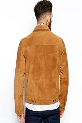 men's brown suede leather jacket snap button front closure 2