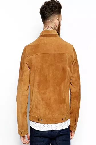 men's brown suede leather jacket snap button front closure