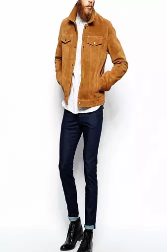 men's brown suede leather jacket snap button front closure
