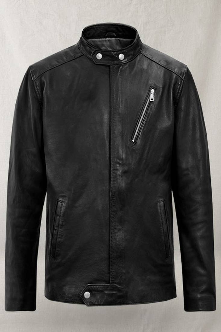 Men’s black lambskin leather biker jacket stright chain café racer design