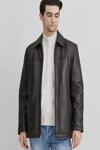 Mens black lambskin leather jacket-body fit slim chain style