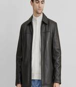 Mens black lambskin leather jacket-body fit slim chain style