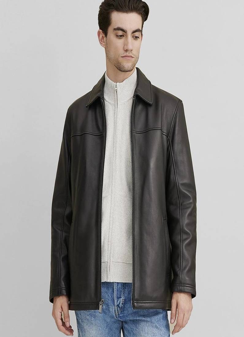 Mens black lambskin leather jacket-body fit slim chain style