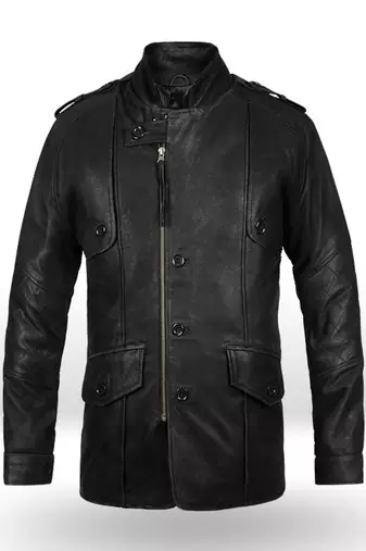 Men's black lambskin leather jacket - button & zipper detail