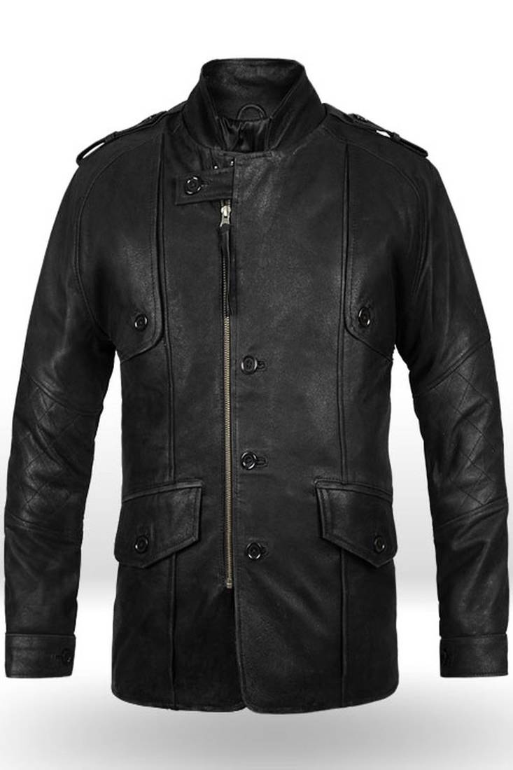 Men's black lambskin leather jacket - button & zipper detail